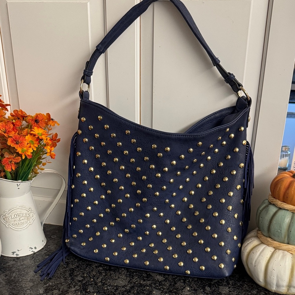 Navy Studded Hobo Bag with Tassel Accent